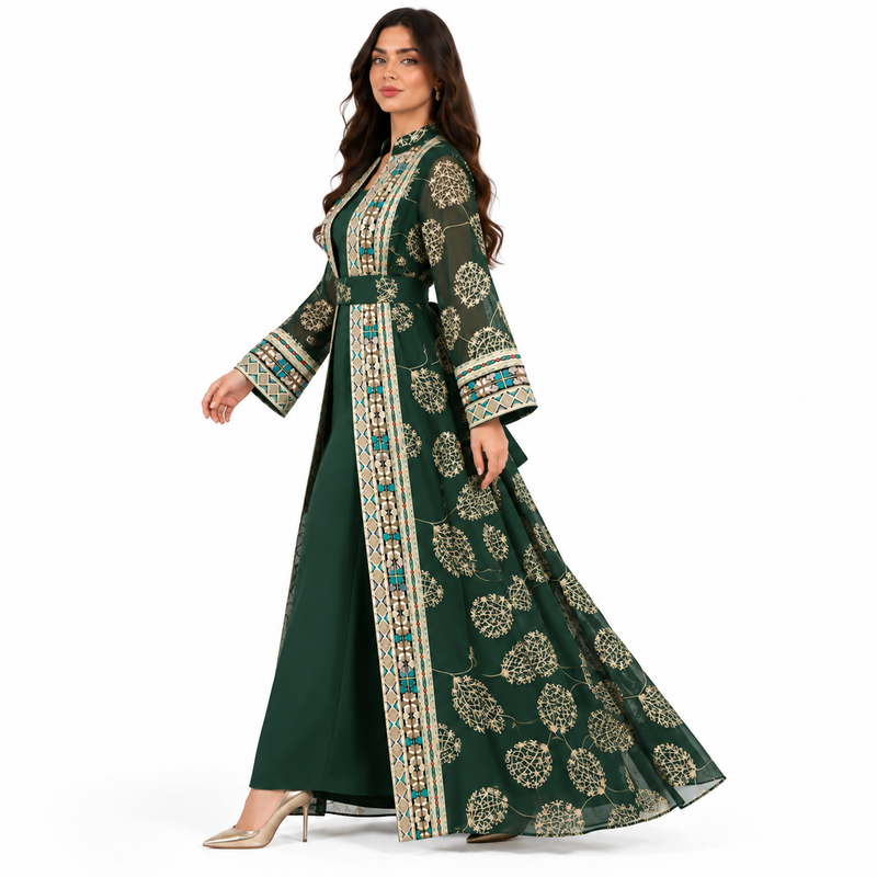 Dark Green Embroidered Open Front Kaftan-2