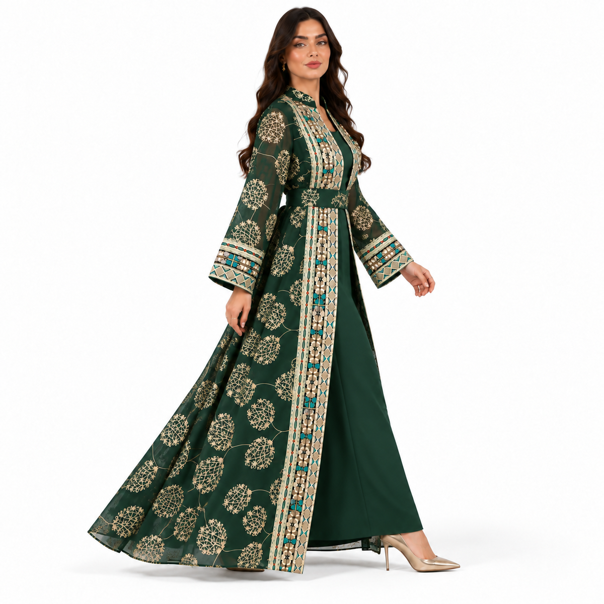 Dark Green Embroidered Open Front Kaftan-3