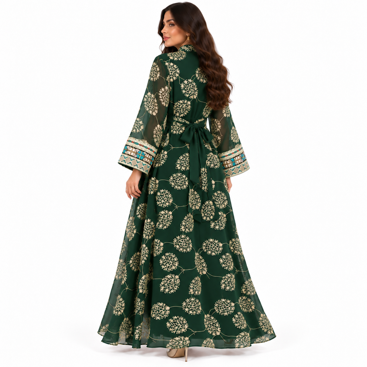 Dark Green Embroidered Open Front Kaftan-4