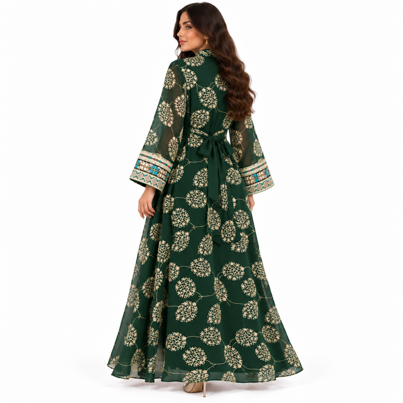 Dark Green Embroidered Open Front Kaftan-4