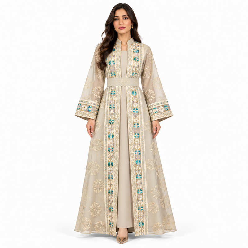 Apricot Embroidered Open Front Luxury Kaftan-1