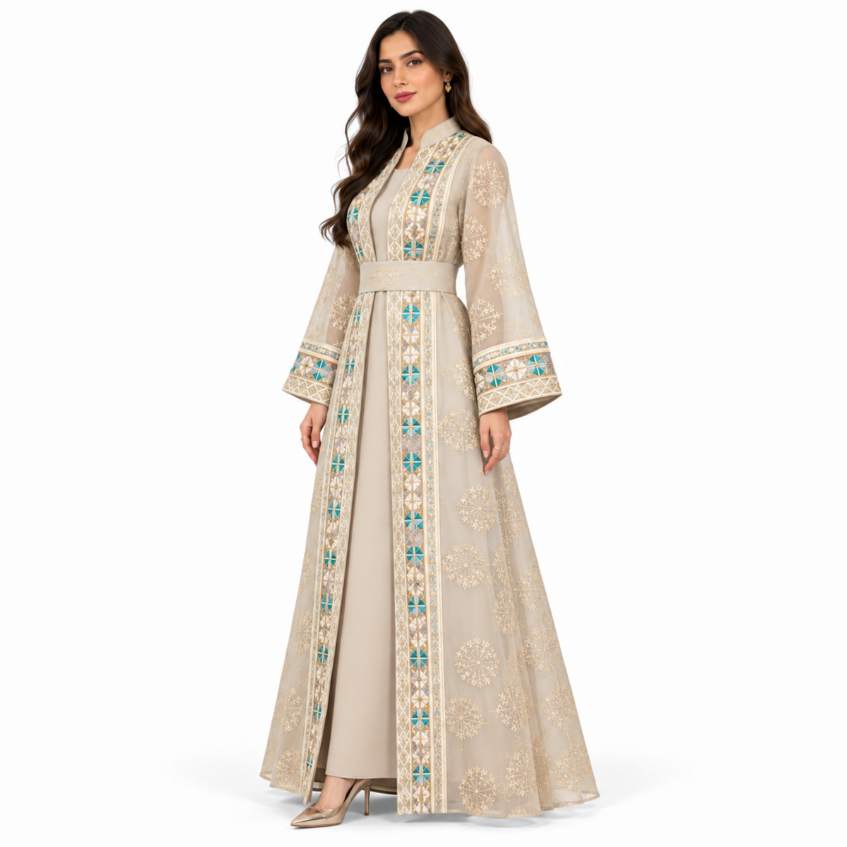 Apricot Embroidered Open Front Luxury Kaftan-3