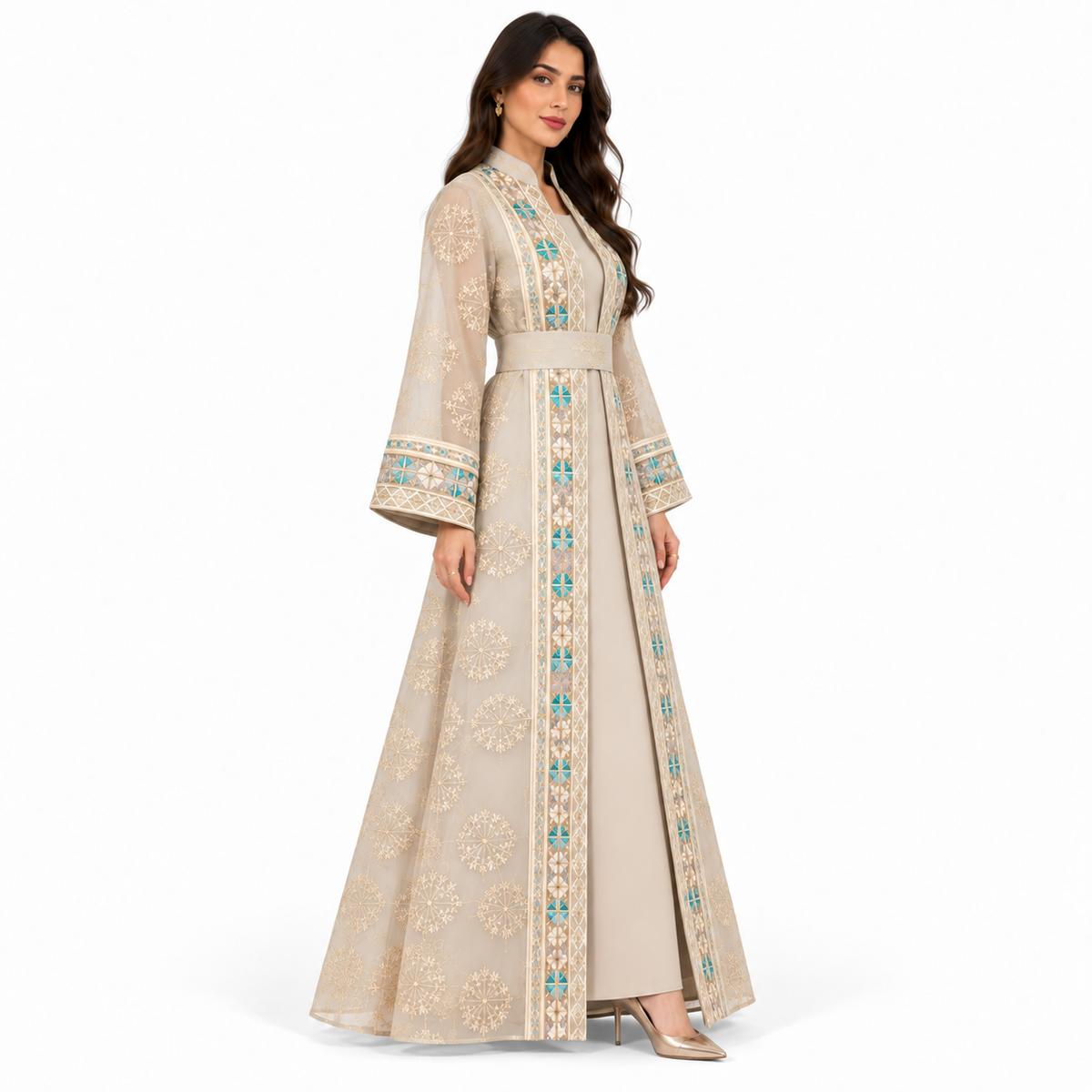 Apricot Embroidered Open Front Luxury Kaftan-2