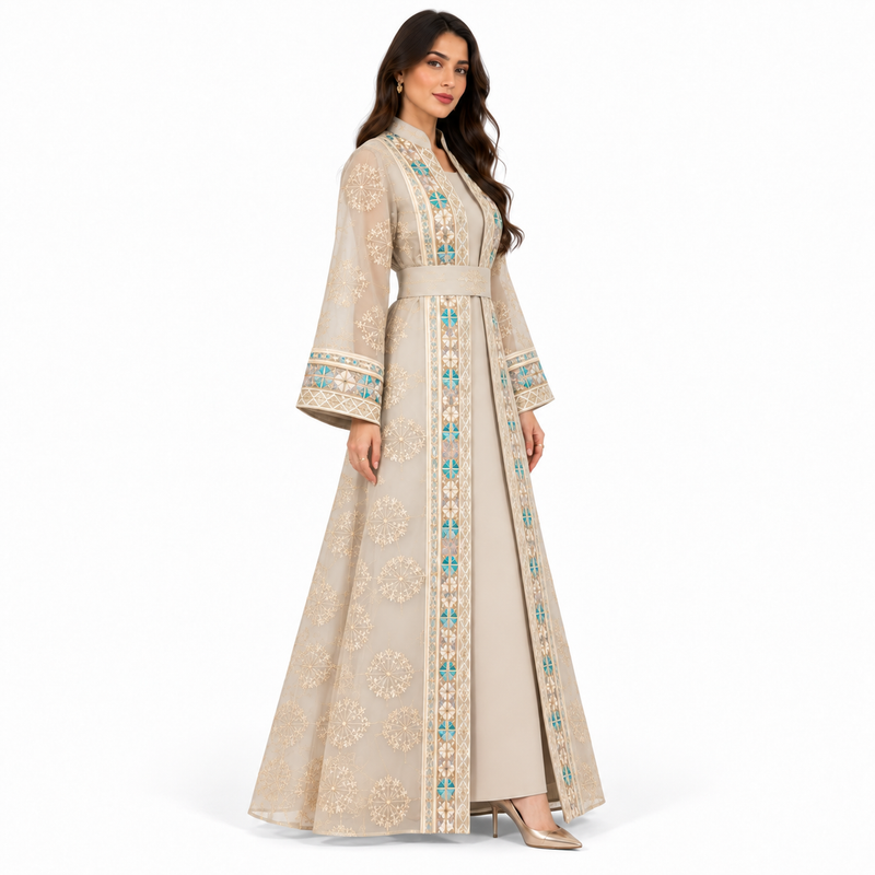 Apricot Embroidered Open Front Luxury Kaftan-2