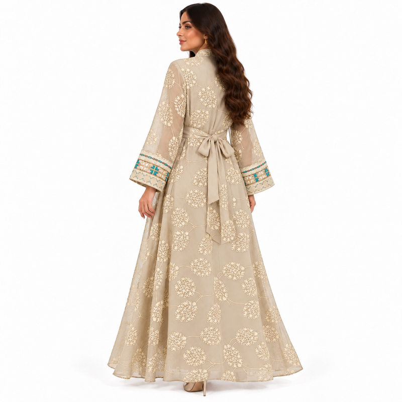 Apricot Embroidered Open Front Luxury Kaftan-4