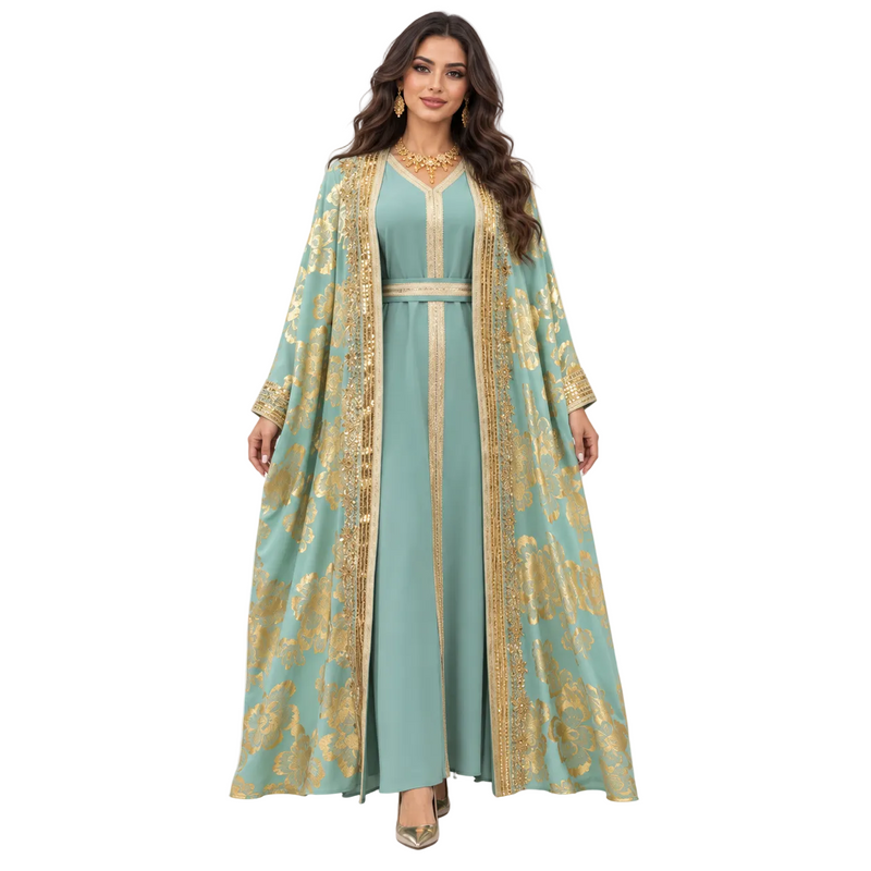 Green Gold Floral Embroidered Luxury Kaftan-1