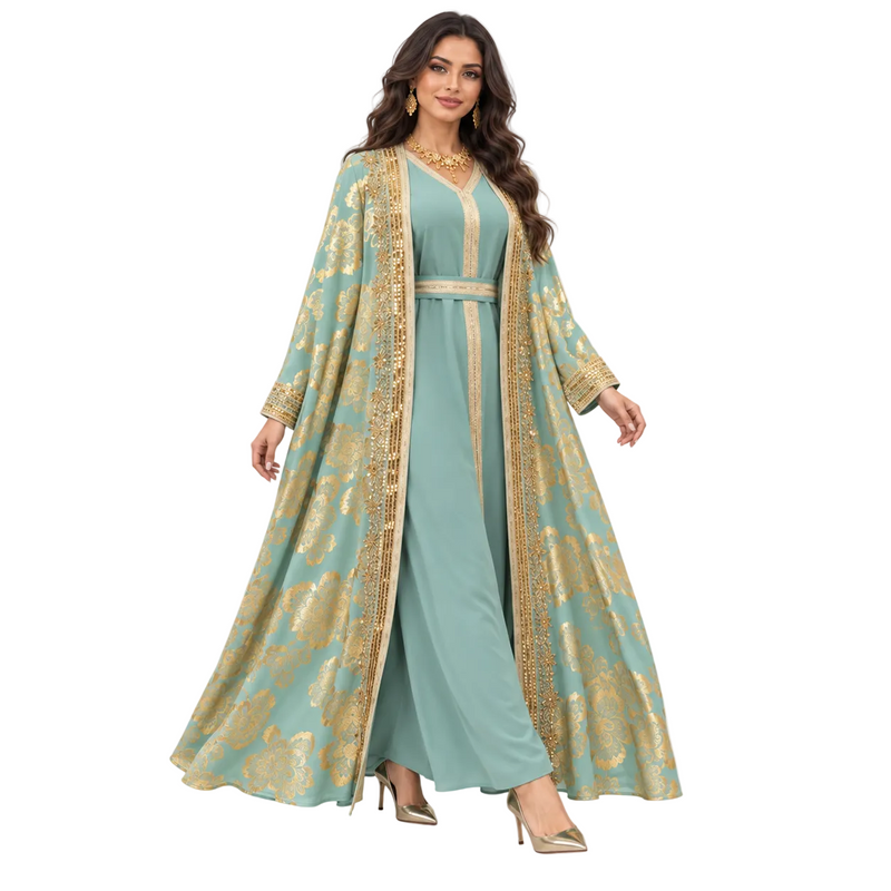 Green Gold Floral Embroidered Luxury Kaftan-3