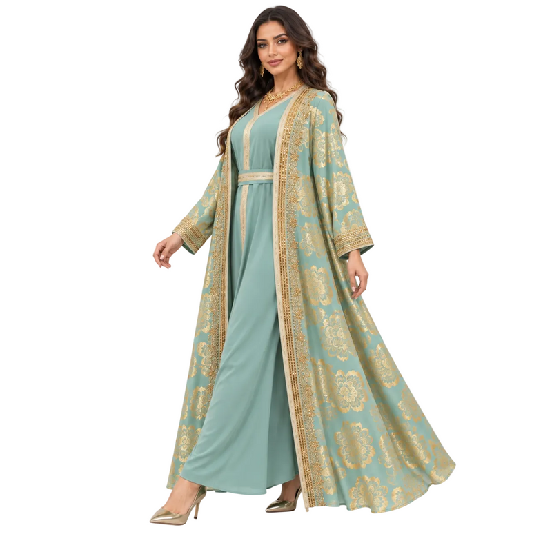 Green Gold Floral Embroidered Luxury Kaftan-2