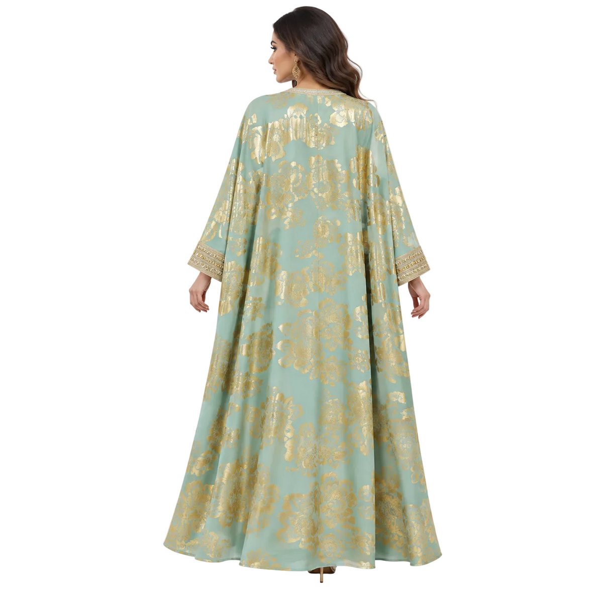 Green Gold Floral Embroidered Luxury Kaftan-4