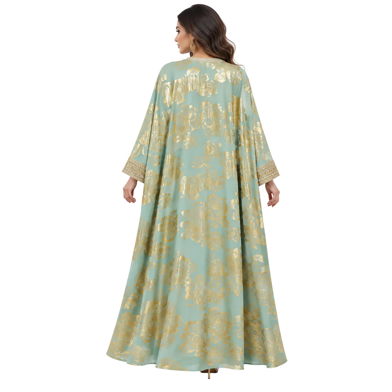 Green Gold Floral Embroidered Luxury Kaftan-4