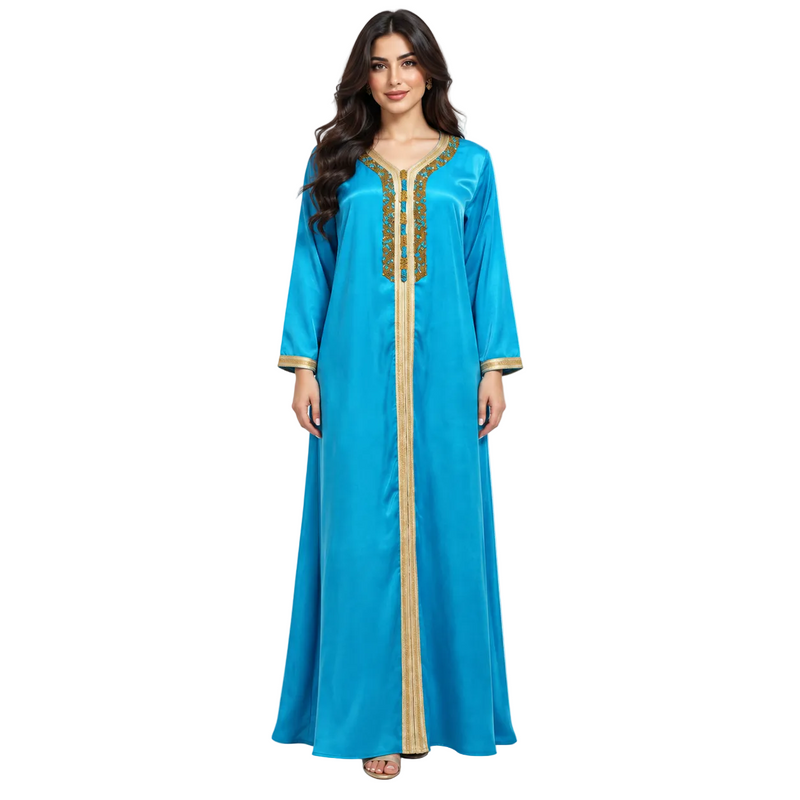 Turquoise Gold Embroidered Moroccan Luxury Kaftan-1