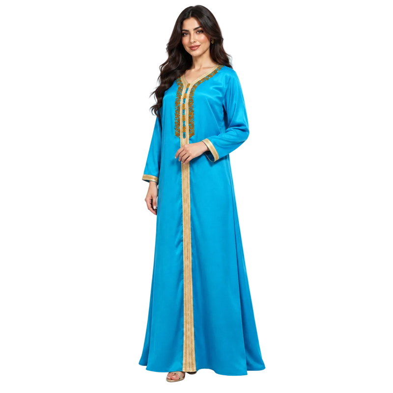 Turquoise Gold Embroidered Moroccan Luxury Kaftan-2