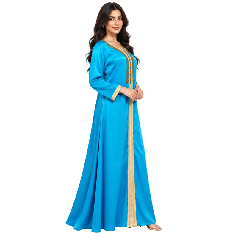 Turquoise Gold Embroidered Moroccan Luxury Kaftan-3
