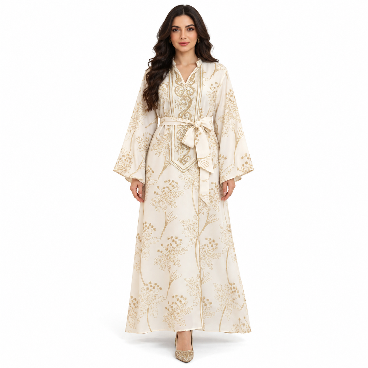 Beige Gold Botanical Embroidered Luxury Kaftan-1