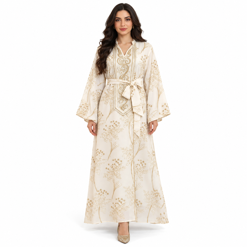 Beige Gold Botanical Embroidered Luxury Kaftan-1