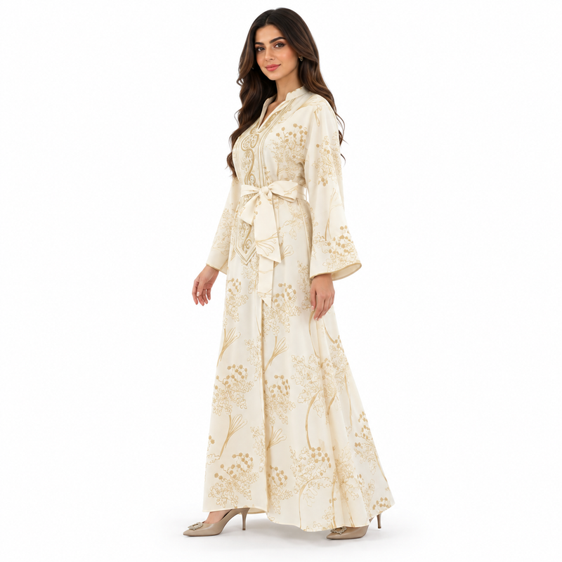 Beige Gold Botanical Embroidered Luxury Kaftan-3