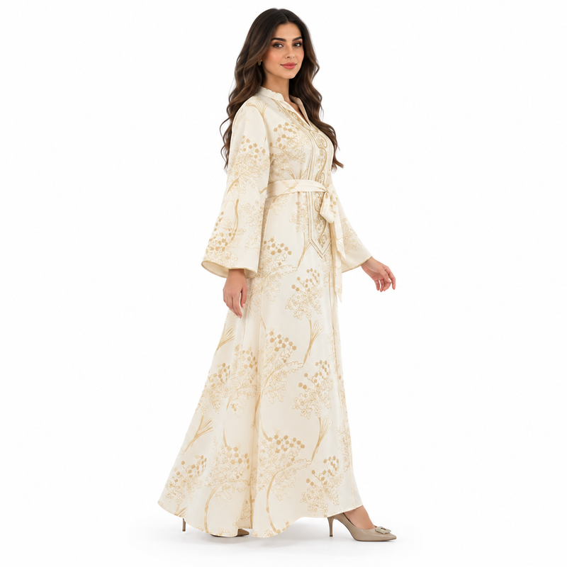 Beige Gold Botanical Embroidered Luxury Kaftan-2