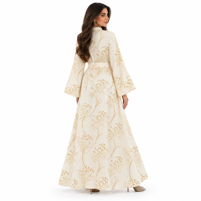 Beige Gold Botanical Embroidered Luxury Kaftan-4