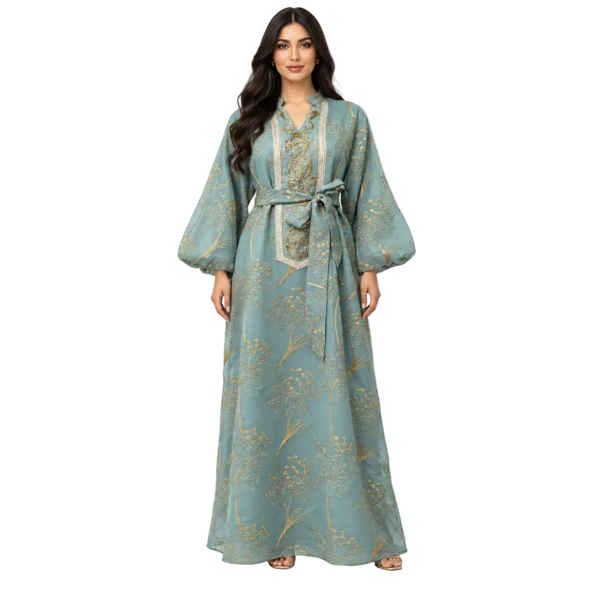 Green Gold Embroidered Elegant Luxury Kaftan-1