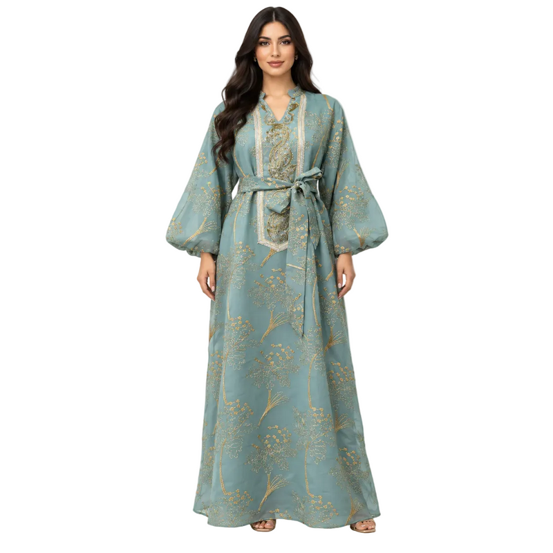 Green Gold Embroidered Elegant Luxury Kaftan-1