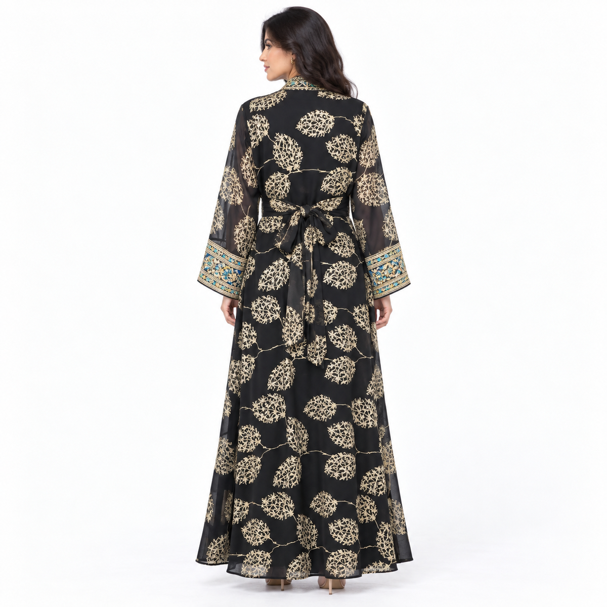Black Embroidered Open Front Luxury Kaftan-4