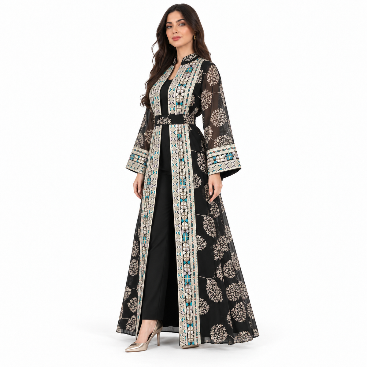 Black Embroidered Open Front Luxury Kaftan-2
