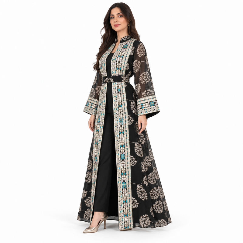 Black Embroidered Open Front Luxury Kaftan-2