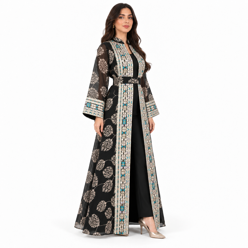 Black Embroidered Open Front Luxury Kaftan-3