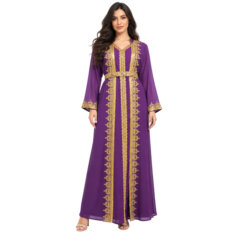 Royal Purple Gold Embroidered Moroccan Kaftan-1