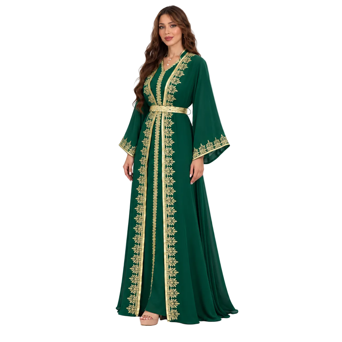 Emerald Green Gold Embroidered Moroccan Kaftan-2