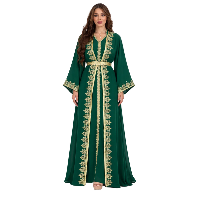 Emerald Green Gold Embroidered Moroccan Kaftan-1