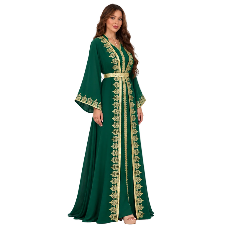 Emerald Green Gold Embroidered Moroccan Kaftan-3