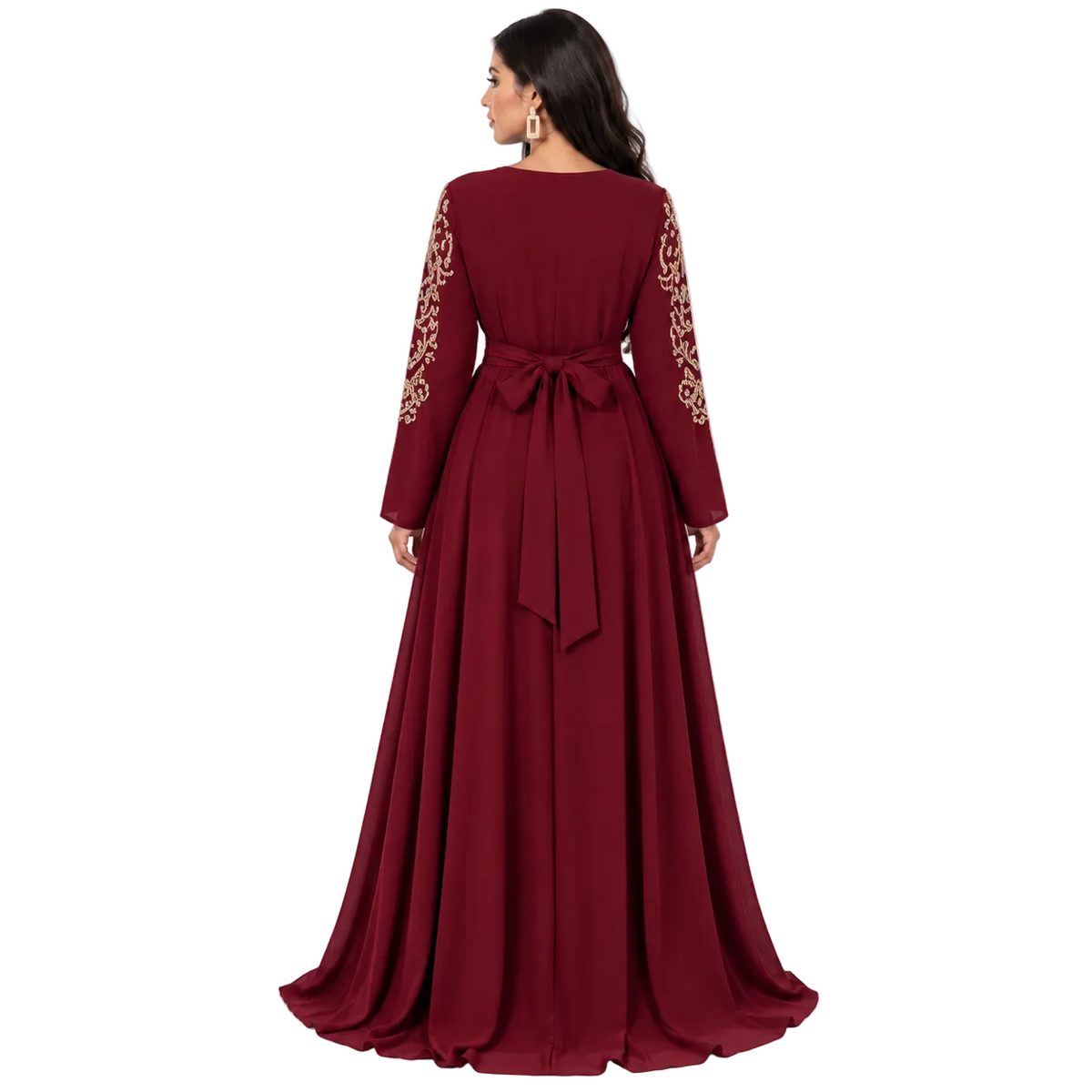 Burgundy Gold Embroidered Bow Back Kaftan-4