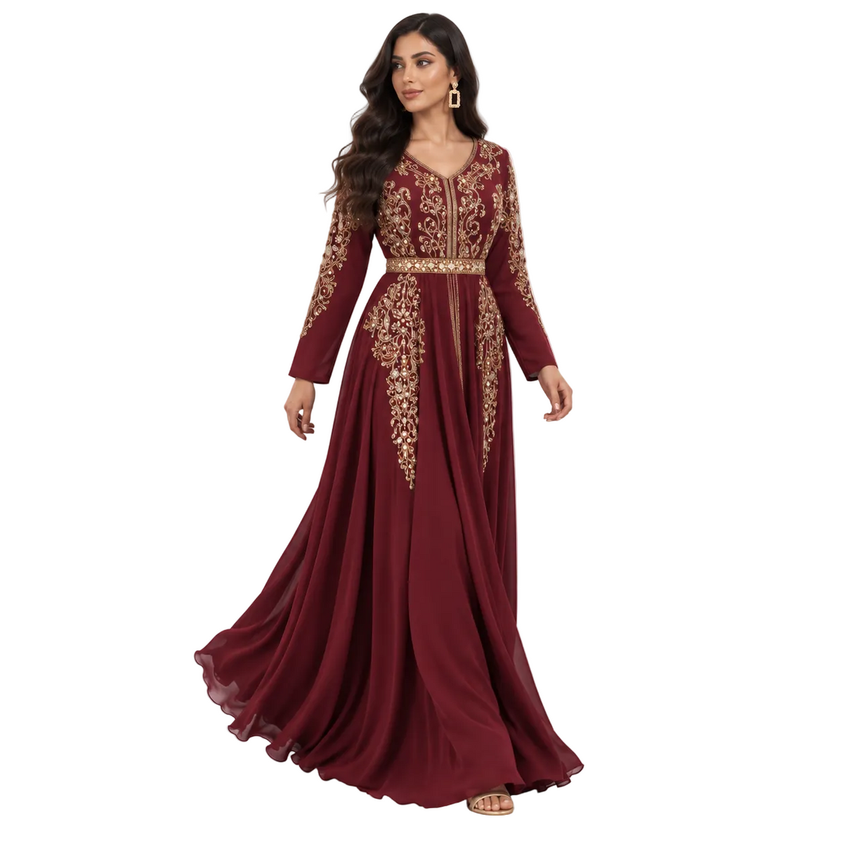 Burgundy Gold Embroidered Bow Back Kaftan-3