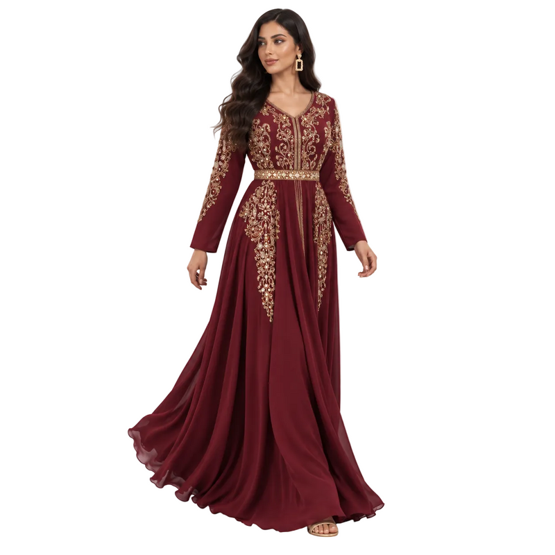 Burgundy Gold Embroidered Bow Back Kaftan-3