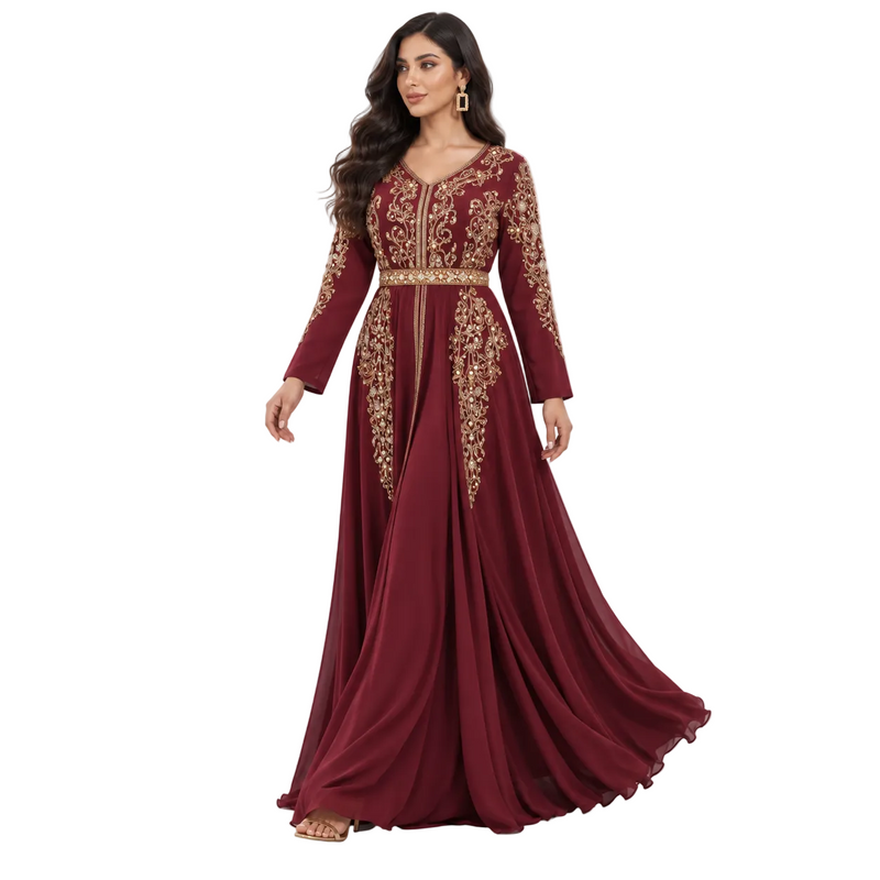 Burgundy Gold Embroidered Bow Back Kaftan-2