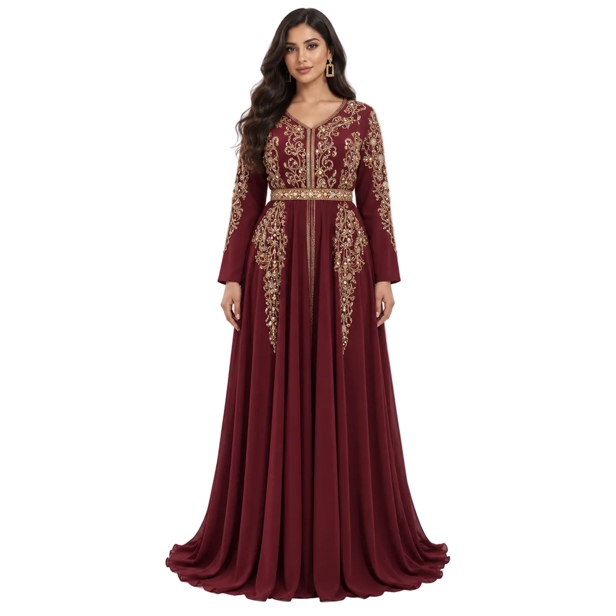 Burgundy Gold Embroidered Bow Back Kaftan-1