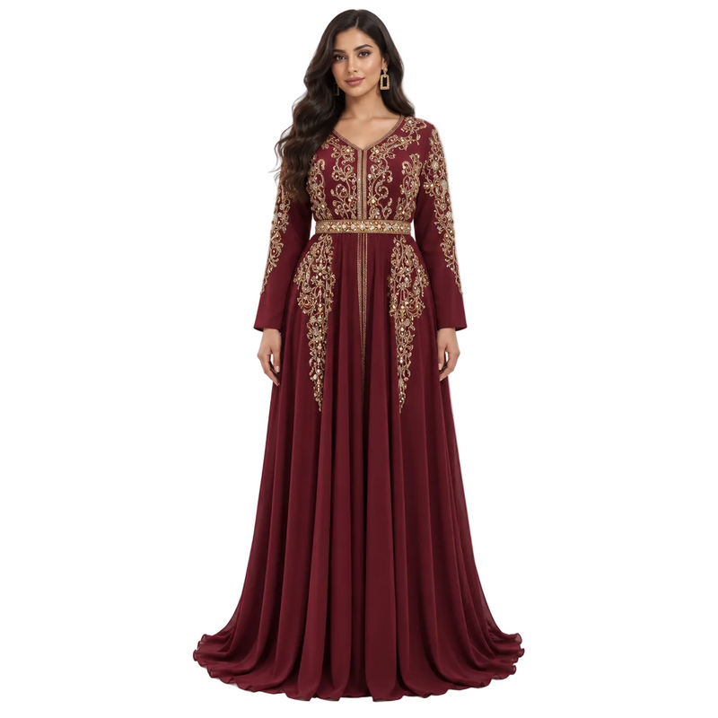 Burgundy Gold Embroidered Bow Back Kaftan-1