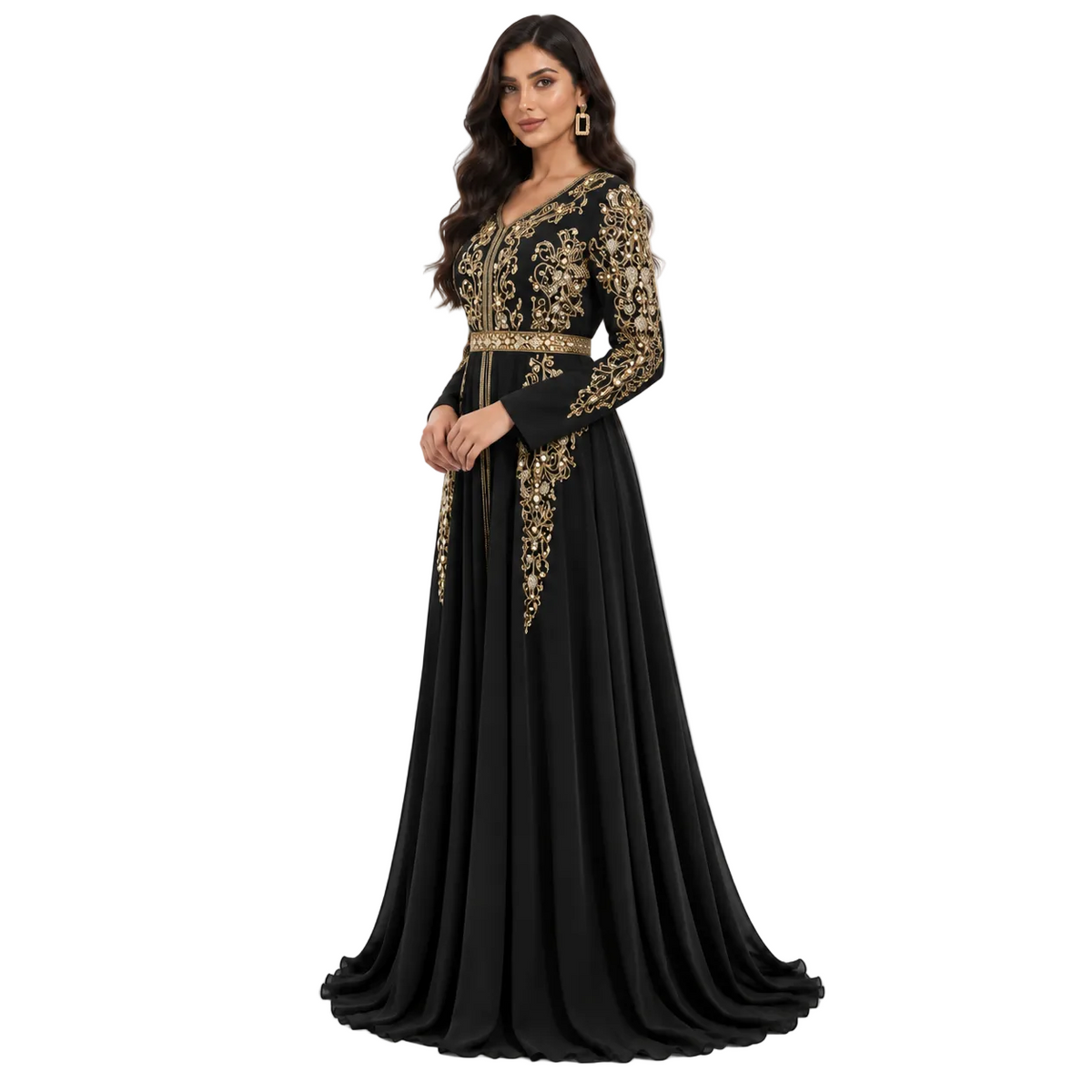 Black Gold Embroidered Bow Back Kaftan-3