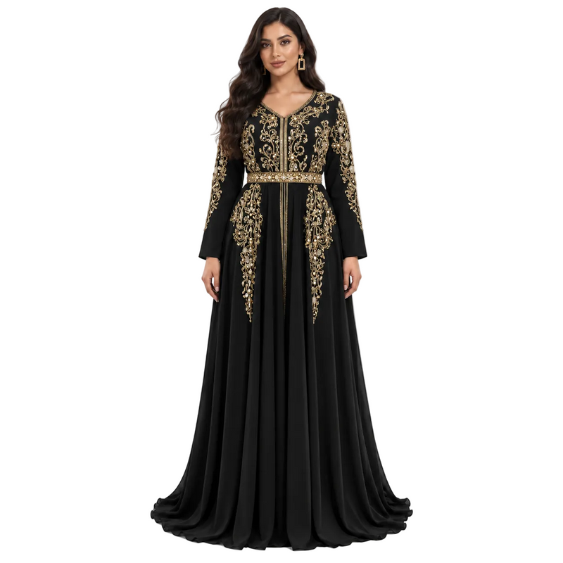Black Gold Embroidered Bow Back Kaftan-1