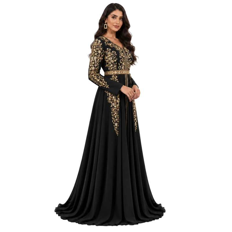 Black Gold Embroidered Bow Back Kaftan-2