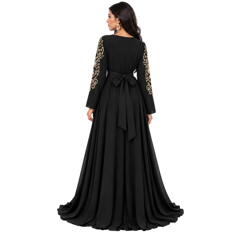 Black Gold Embroidered Bow Back Kaftan-4
