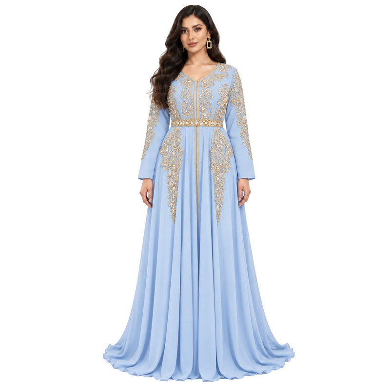 Sky Blue Gold Embroidered Luxury Kaftan-1