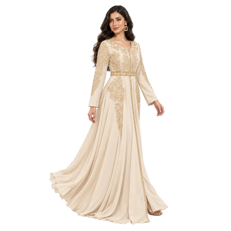 Champagne Gold Embroidered Moroccan Luxury Kaftan-3