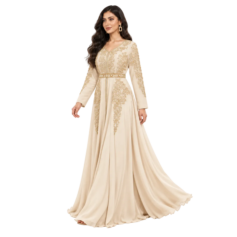 Champagne Gold Embroidered Moroccan Luxury Kaftan-2
