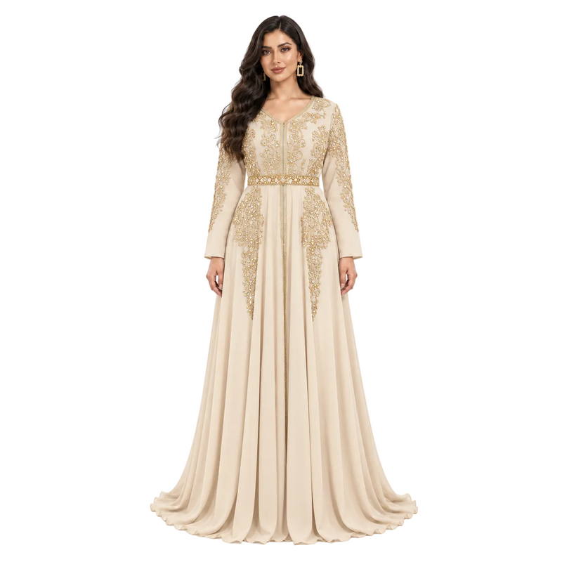 Champagne Gold Embroidered Moroccan Luxury Kaftan-1