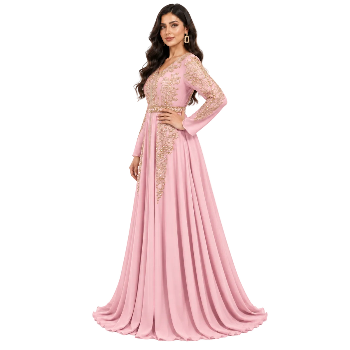 Pink Gold Embroidered Bow Back Kaftan-2