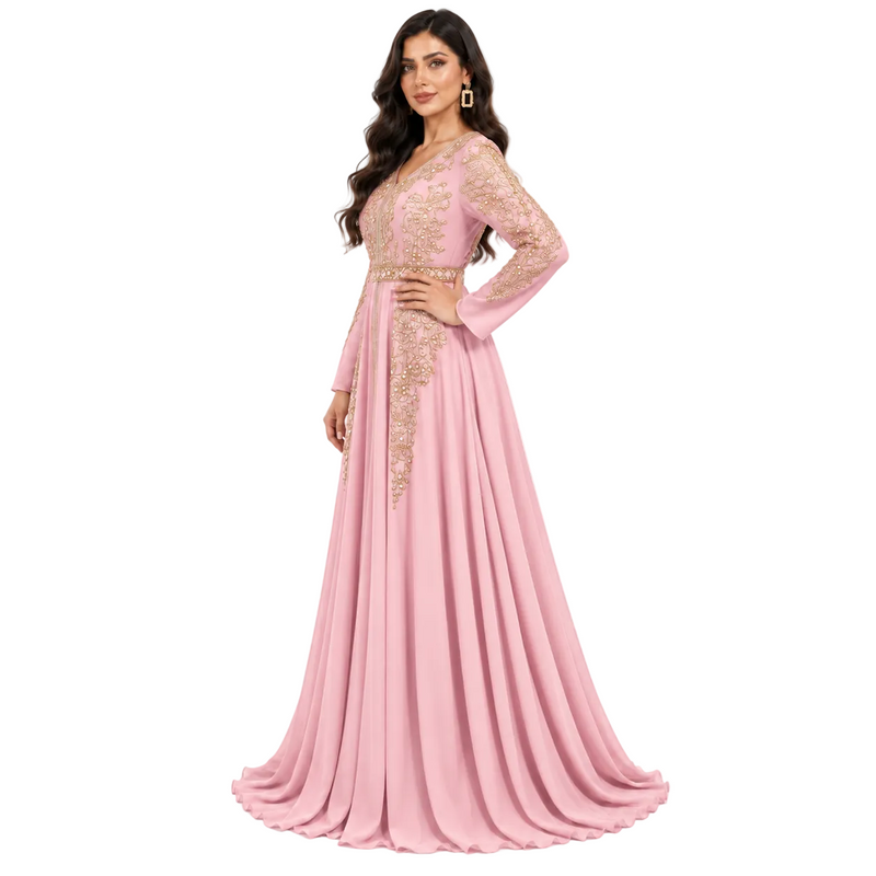 Pink Gold Embroidered Bow Back Kaftan-2