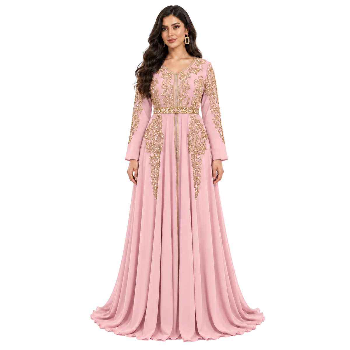 Pink Gold Embroidered Bow Back Kaftan-1