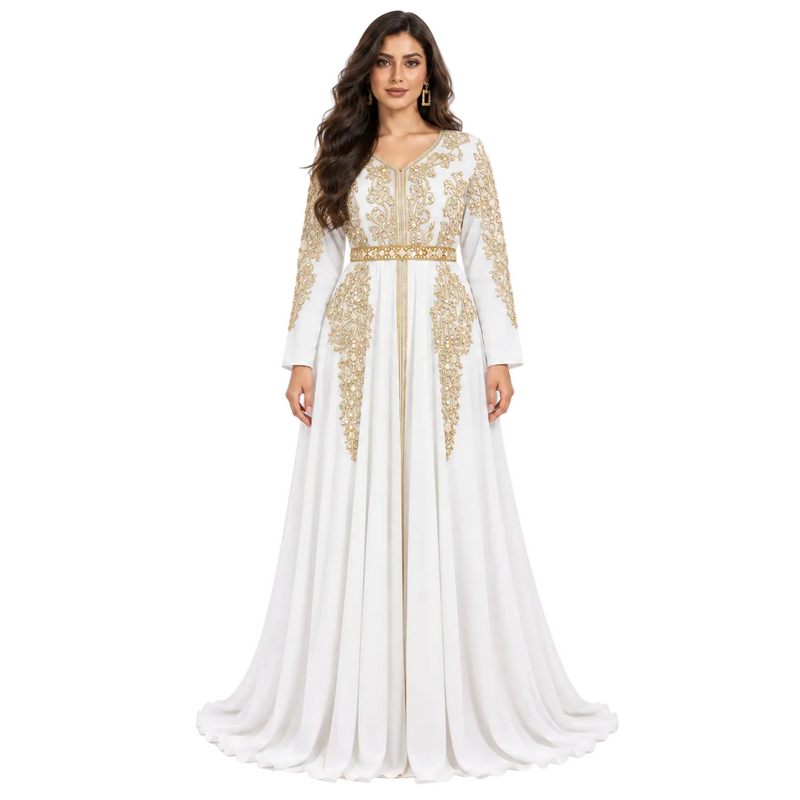 White Gold Embroidered Moroccan Luxury Kaftan-1